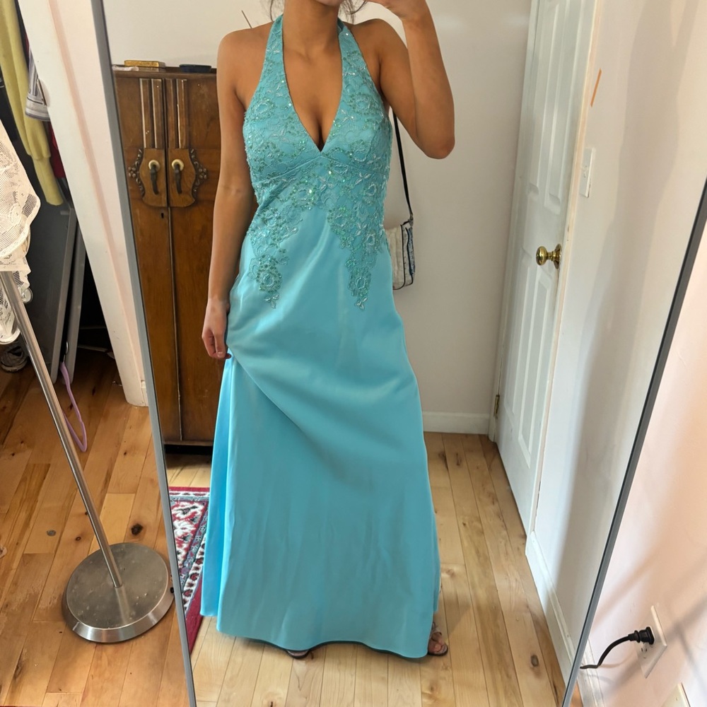 Y2K turquoise sequin halter gown